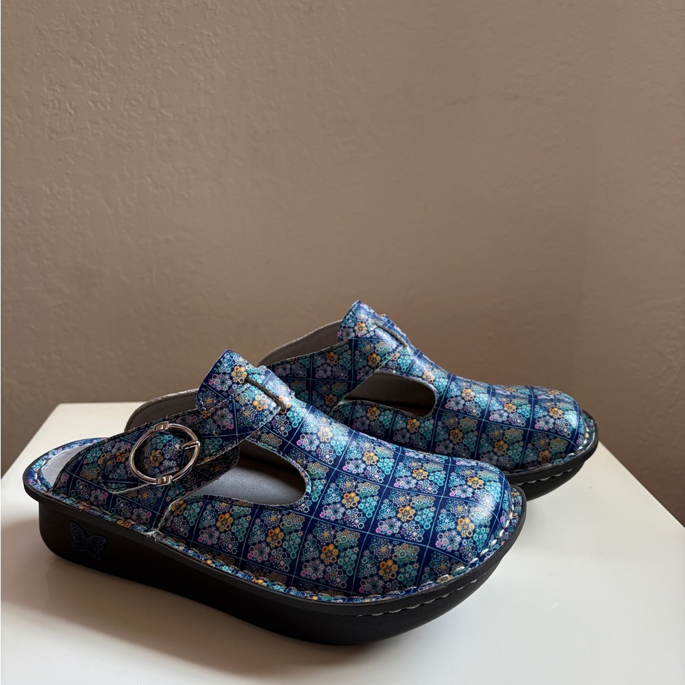 Alegria Blue Quilt Clogs with Buckle